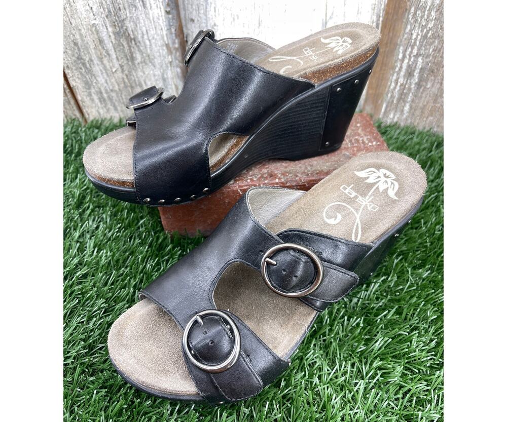 Dansko Fern Wedge Studded Black Leather Sandal Women's EU37 US 6-6.5